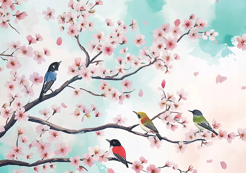 Wallarena Papier Peint Photo Pour Chambre Oiseaux Fleurs Brindilles 350x250 cm- Papier Peint Panoramique