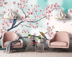 Wallarena Papier Peint Photo Pour Chambre Oiseaux Fleurs Brindilles 350x250 cm- Papier Peint Panoramique