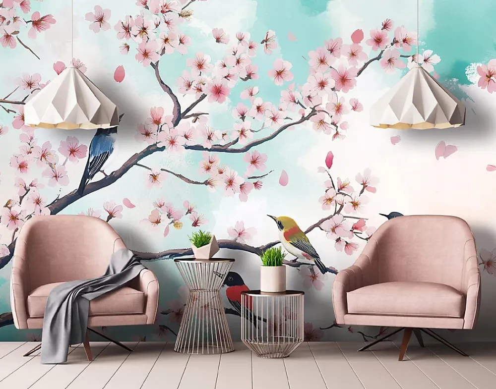 Wallarena Papier Peint Photo Pour Chambre Oiseaux Fleurs Brindilles 350x250 cm- Papier Peint Panoramique