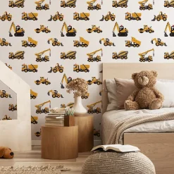 Muralo Papier Peint Pour Chambre D'Enfant EXCAVATRICES Voitures De Chantier Jaunes- Papier Peint