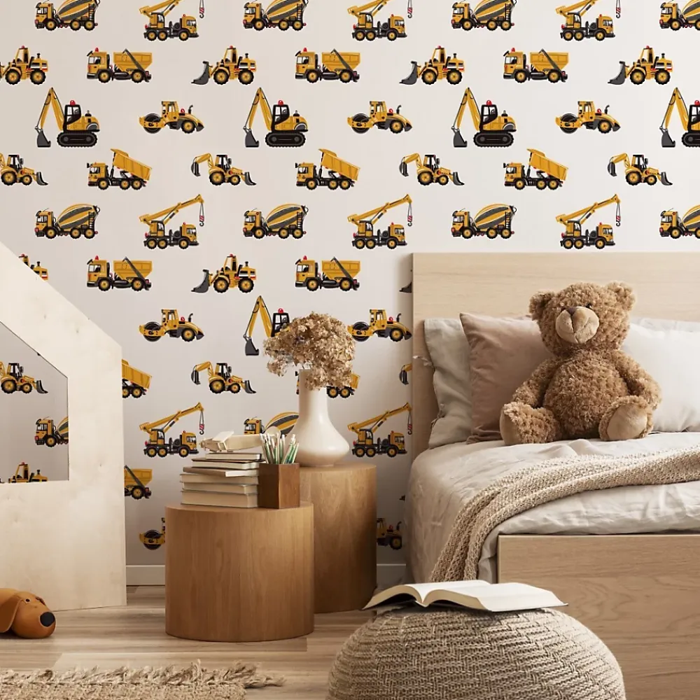 Muralo Papier Peint Pour Chambre D'Enfant EXCAVATRICES Voitures De Chantier Jaunes- Papier Peint