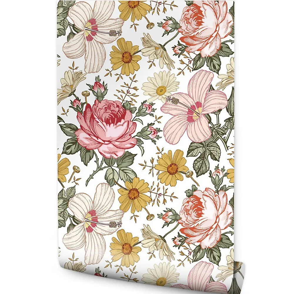 Muralo Papier Peint Pour La Chambre FLEURS Pivoines Hibiscus Pastel Nature- Papier Peint