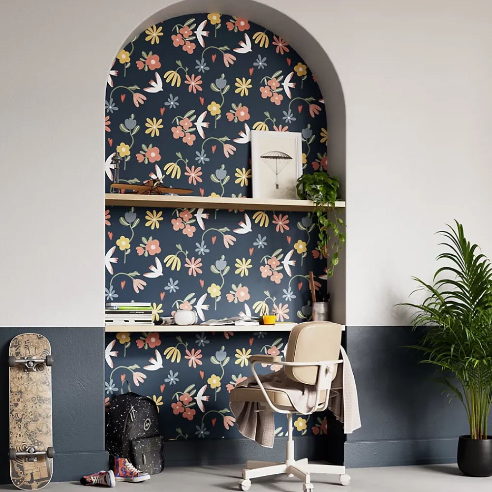 GoodHome Papier peint pré-encollé vinyle fleuri Easy Roll Blitz fleurs bleu l.53 x H.1005 cm- Papier Peint
