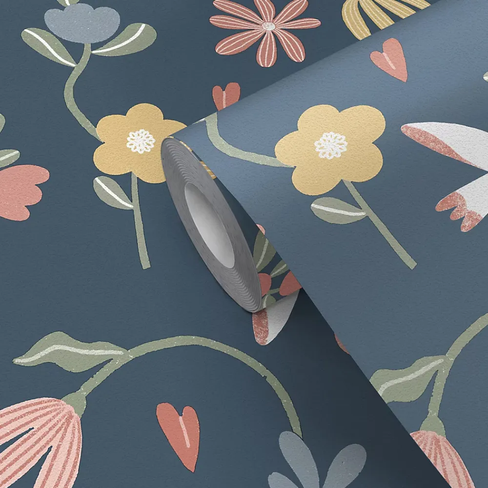 GoodHome Papier peint pré-encollé vinyle fleuri Easy Roll Blitz fleurs bleu l.53 x H.1005 cm- Papier Peint