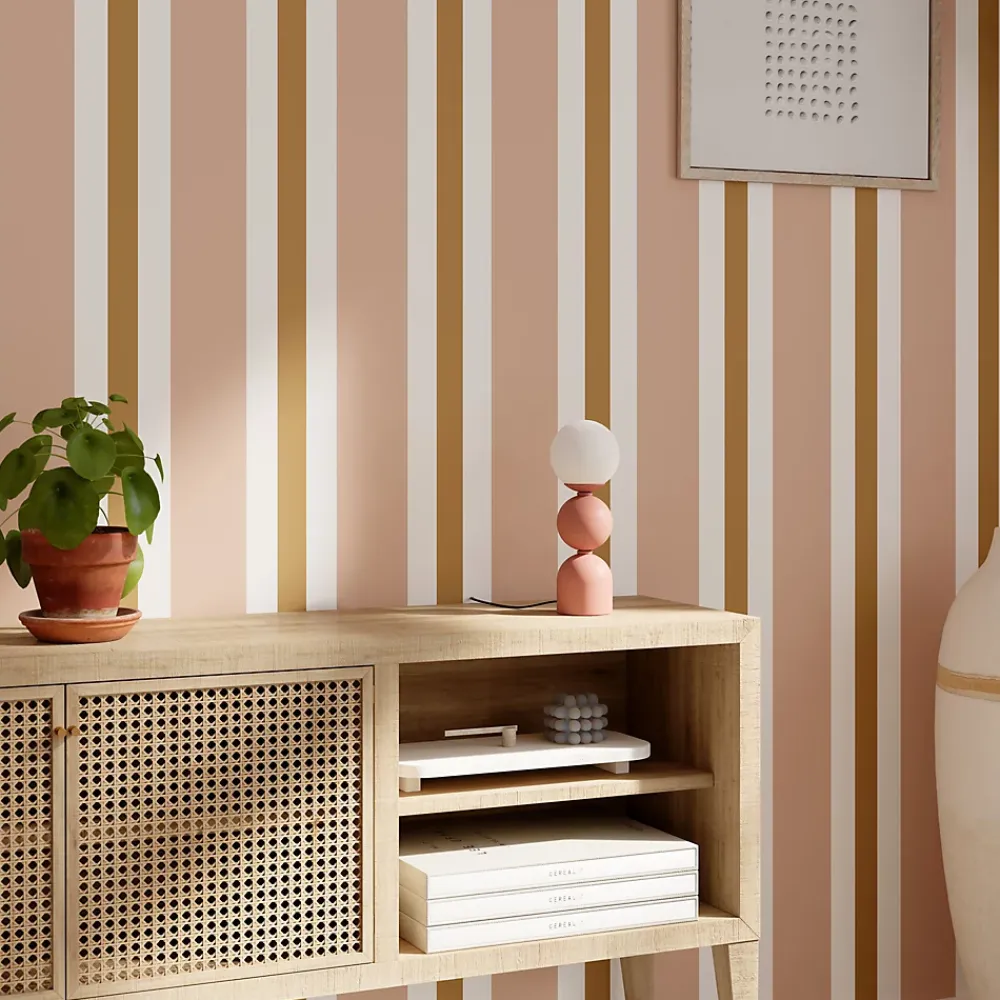 GoodHome Papier Peint<Papier peint pré-encollé vinyle intissé rayures rose Easy Roll Penrose l.53 x H.1005 cm