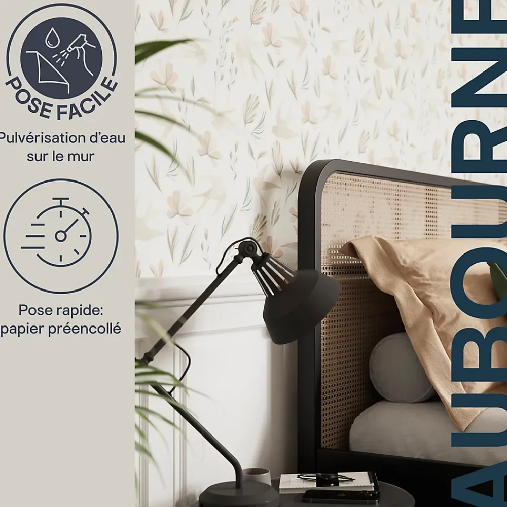 GoodHome Papier Peint<Papier peint pré-encollé vinyle intissé fleuri Easy Roll Aubourne beige l.53 x H.1005 cm