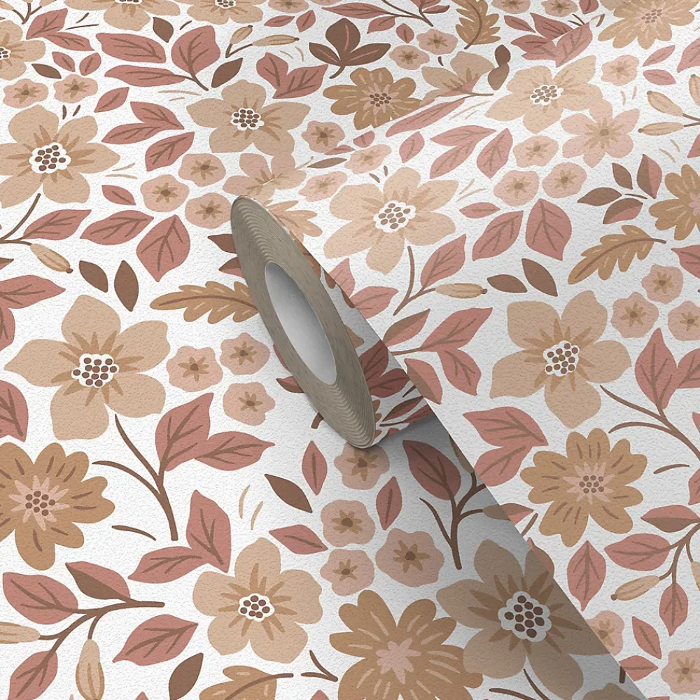 GoodHome Papier peint pré-encollé vinyle fleuri Easy Roll Aani fleurs terracotta, rose l.53 x H.1005 cm- Papier Peint