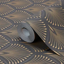 GoodHome Papier peint vinyl sur intissé echium noir et or- Papier Peint