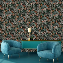 Lutece Papier Peint<Papier peint vinyle intissé Sejours & Chambres mat et satiné feuilles vert, bleu vert, orange, cuivre l.1005 x l.53 cm