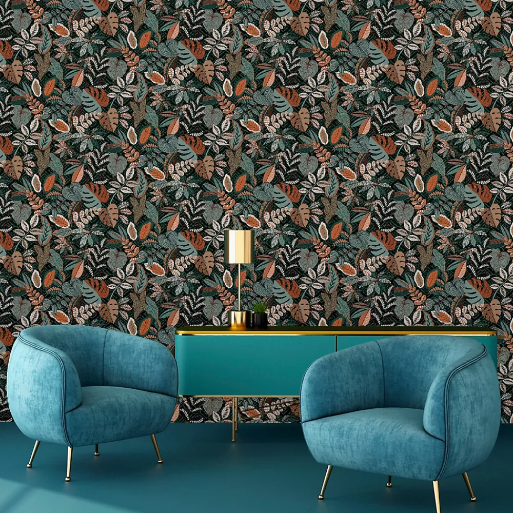 Lutece Papier Peint<Papier peint vinyle intissé Sejours & Chambres mat et satiné feuilles vert, bleu vert, orange, cuivre l.1005 x l.53 cm