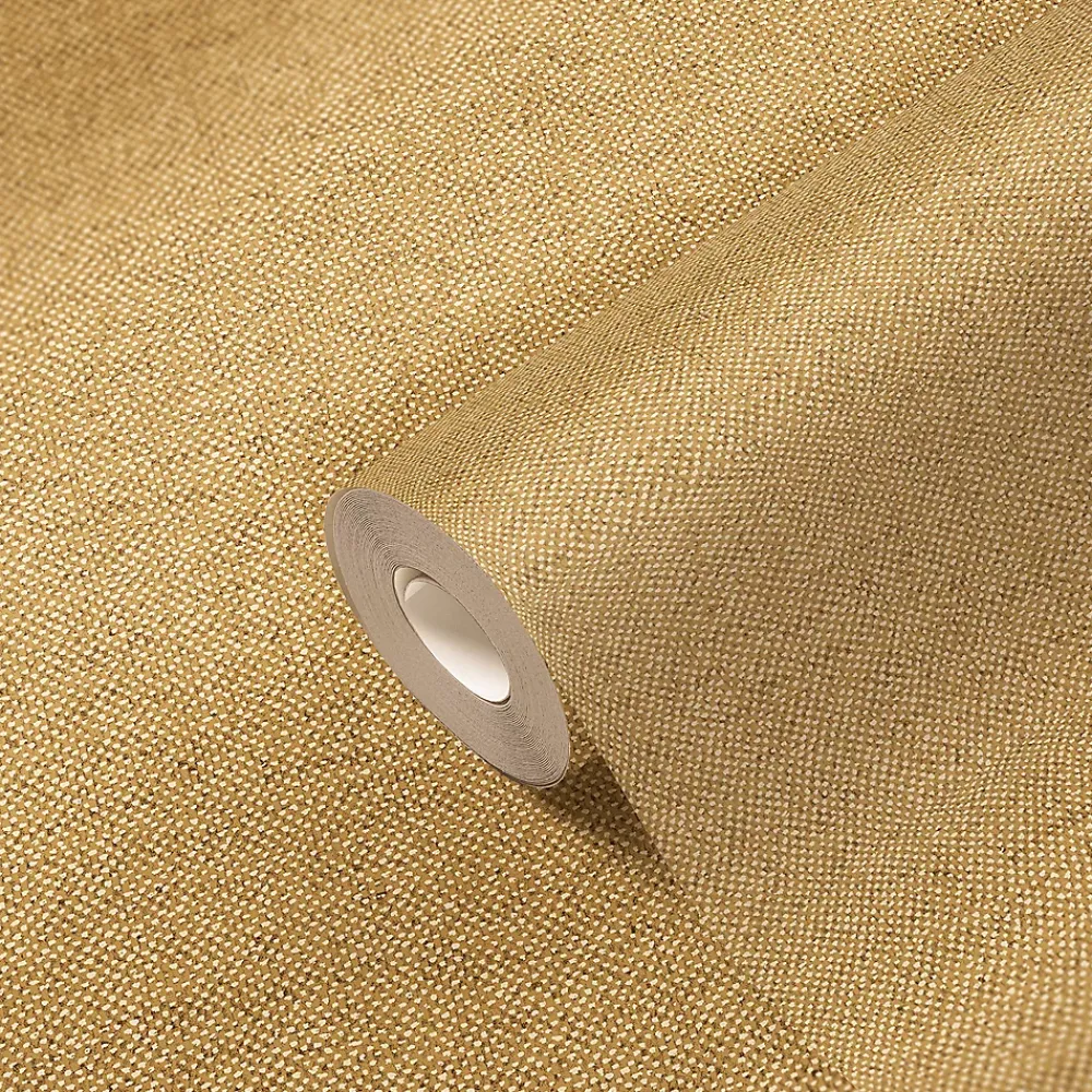 GoodHome Papier peint vinyle intissé uni aspect tissu jaune moutarde L.1005 x l.53cm , Mythe- Papier Peint