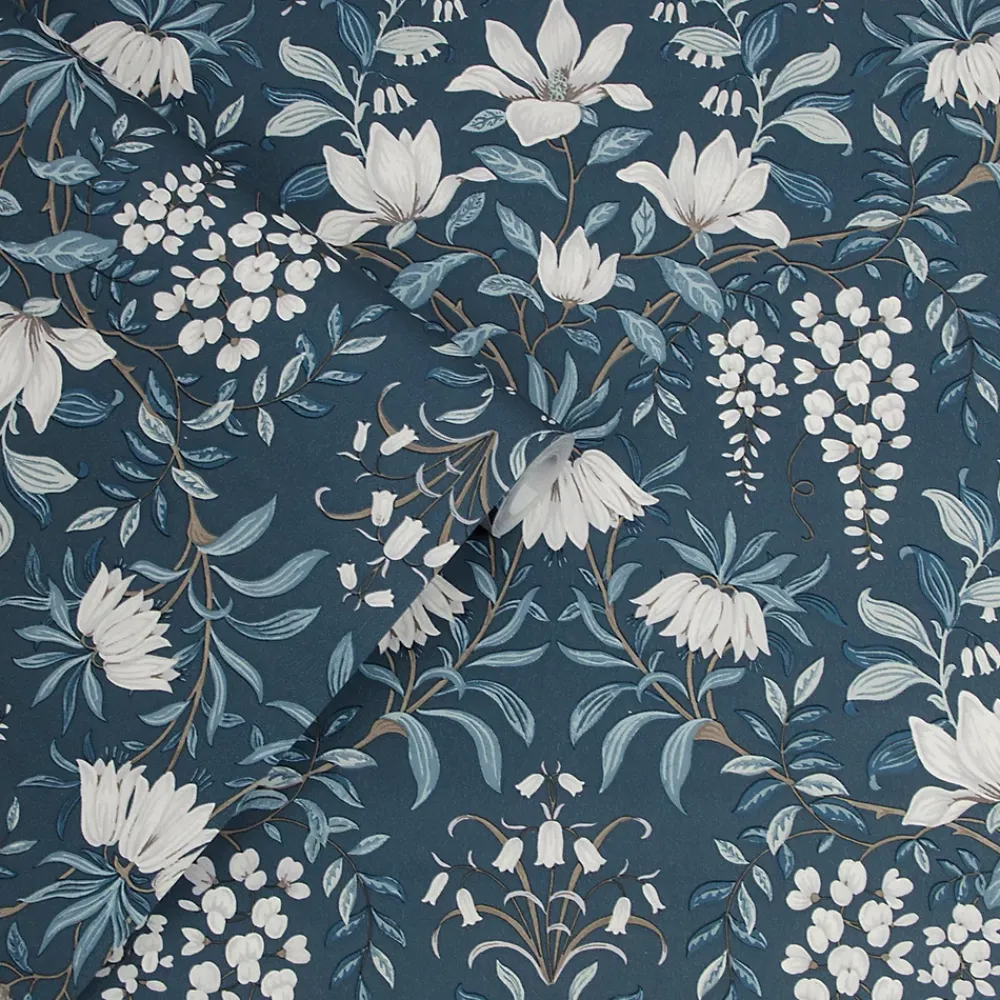 Laura Ashley Papier peint vinyle intissé fleuri bleu L.1000 x l.52 cm Parterre- Papier Peint
