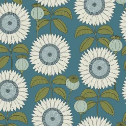 Lutece Papier peint vinyle intissé Cuisines & Bains mat et satiné tournesol, fleurs bleu, vert l.1005 x l.53 cm- Papier Peint