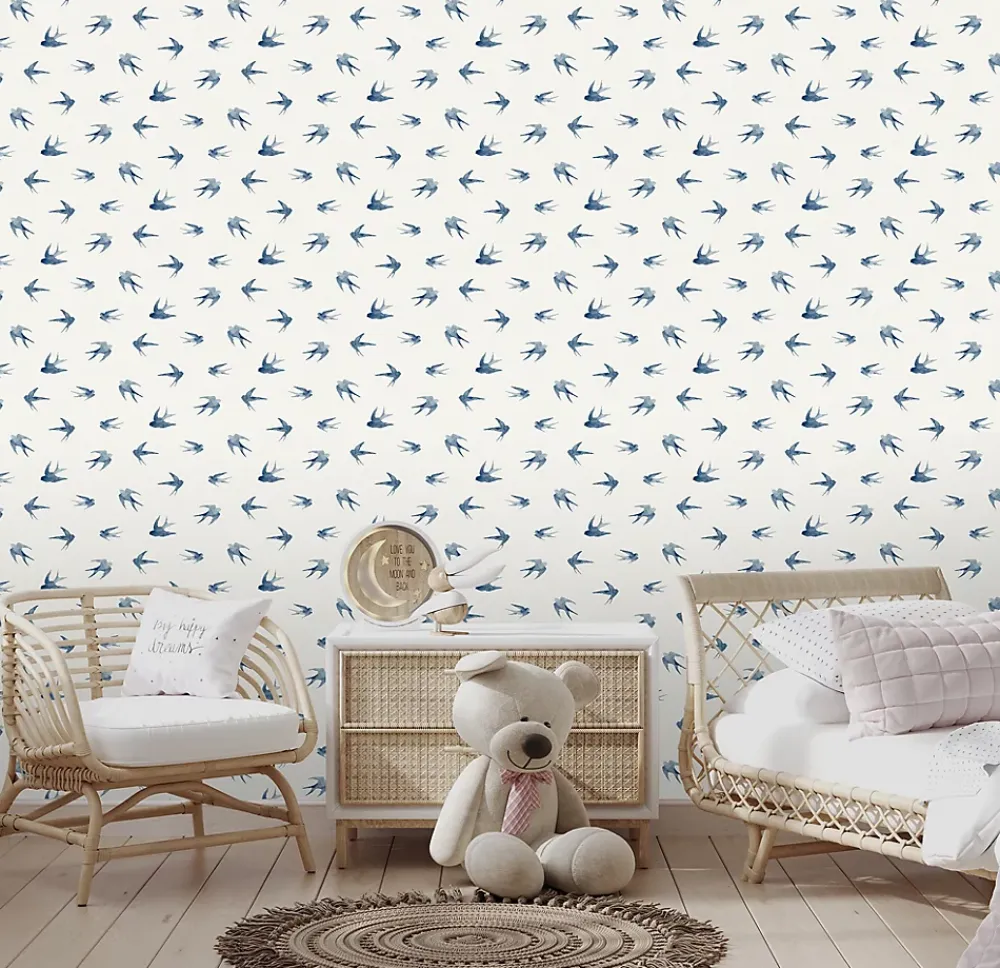 Ugepa Papier peint vinyle intissé enfant petit oiseau bleu L. 1005 x l. 53cm- Papier Peint