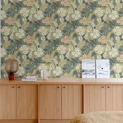 Grandeco Papier peint vinyle intissé fleuri Alice vert kaki L.1005 x l.53cm- Papier Peint