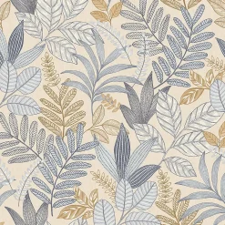 Lutece Papier peint vinyle intissé Allure mat et satiné feuilles beige, bleu, or, jaune l.1005 x l.53 cm- Papier Peint