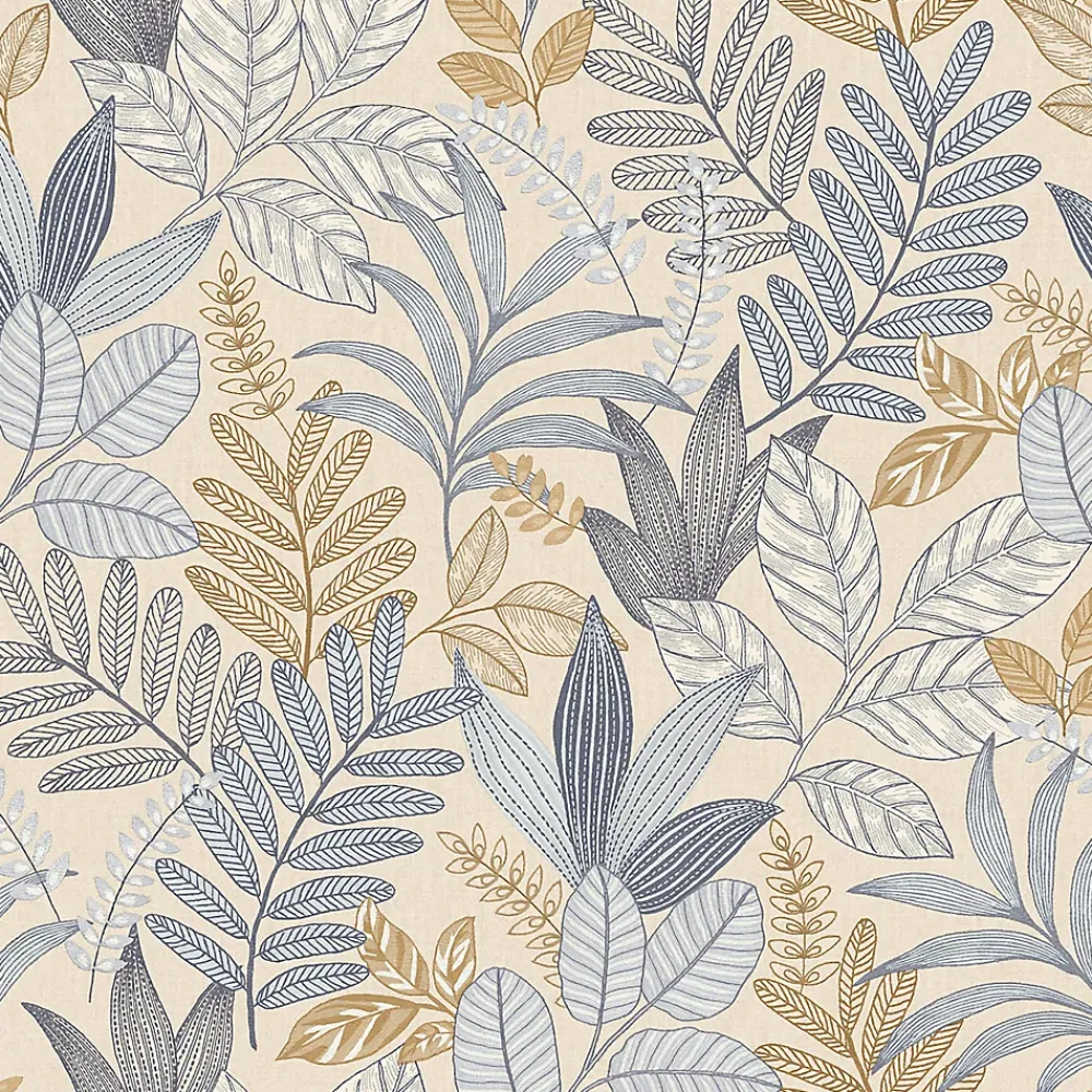 Lutece Papier peint vinyle intissé Allure mat et satiné feuilles beige, bleu, or, jaune l.1005 x l.53 cm- Papier Peint
