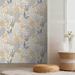 Lutece Papier peint vinyle intissé Allure mat et satiné feuilles beige, bleu, or, jaune l.1005 x l.53 cm- Papier Peint