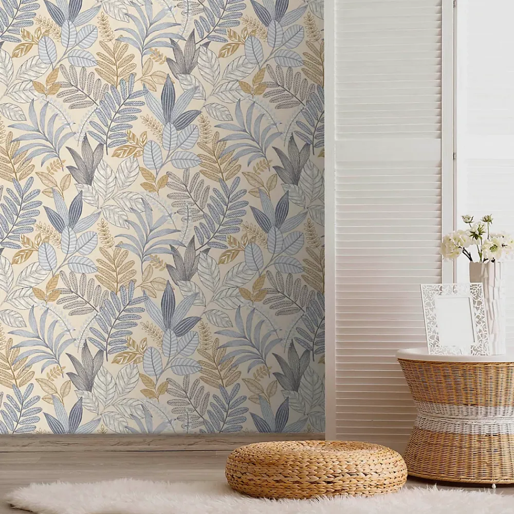 Lutece Papier peint vinyle intissé Allure mat et satiné feuilles beige, bleu, or, jaune l.1005 x l.53 cm- Papier Peint