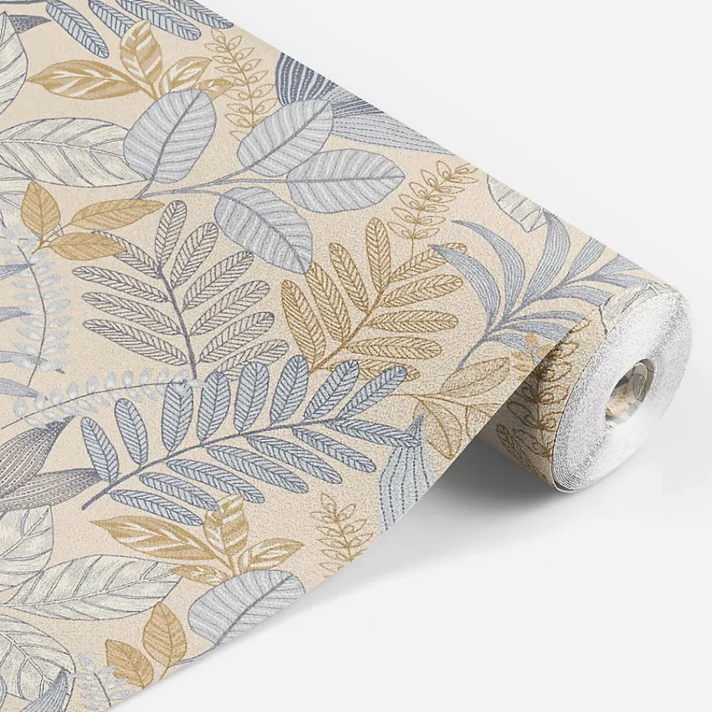 Lutece Papier peint vinyle intissé Allure mat et satiné feuilles beige, bleu, or, jaune l.1005 x l.53 cm- Papier Peint