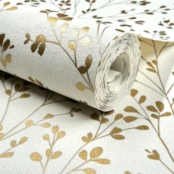 Grandeco Papier peint vinyle intissé feuillage Omura doré, blanc L.1005 x l.53cm- Papier Peint