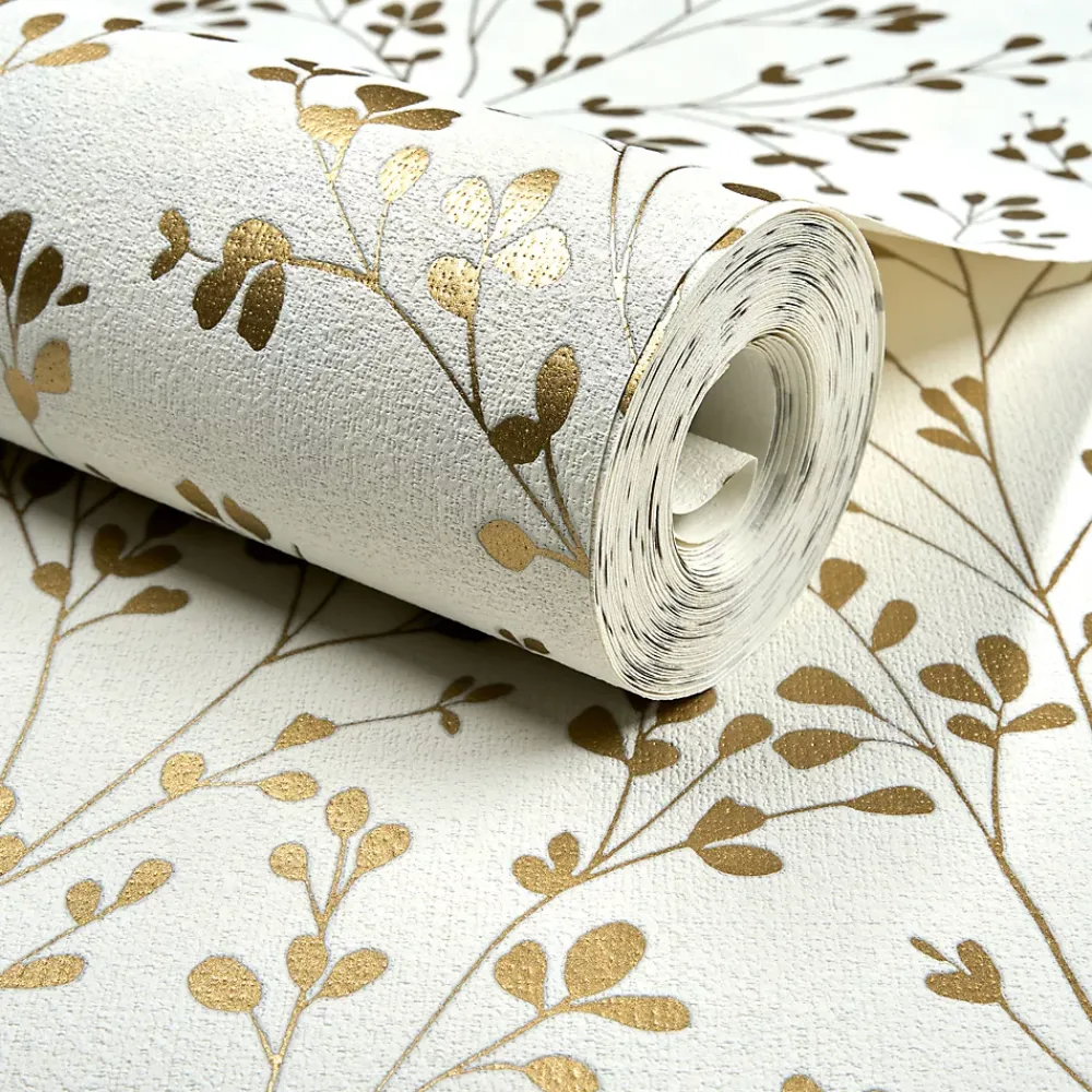 Grandeco Papier peint vinyle intissé feuillage Omura doré, blanc L.1005 x l.53cm- Papier Peint