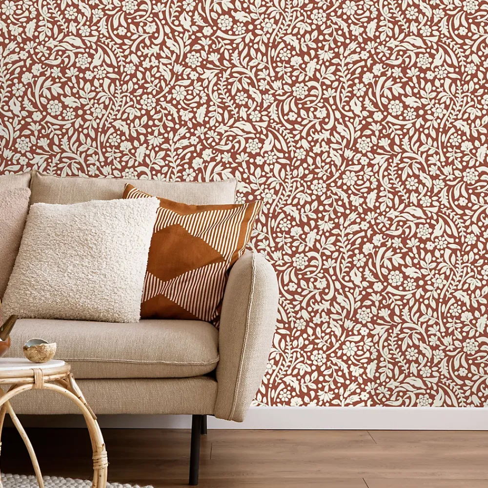 GoodHome Papier peint vinyle intissé Flaumig motif floral terracotta L. 10,05m x l. 0,53m- Papier Peint