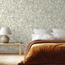 Lutece Papier peint vinyle intissé fleuri vert et beige L.1005 x l.53cm, Lutèce Floris- Papier Peint