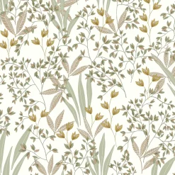 Lutece Papier peint vinyle intissé fleuri vert et beige L.1005 x l.53cm, Lutèce Floris- Papier Peint