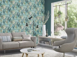 Rasch Papier peint vinyle intissé feuillage tropical bleu L.1001 x l.53cm , Amazonia- Papier Peint