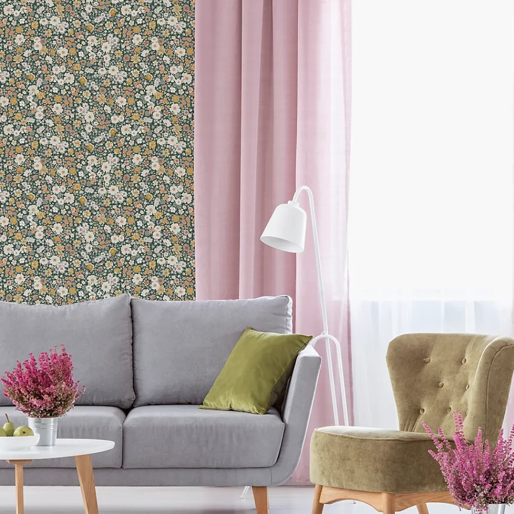 GoodHome Papier Peint<Papier peint vinyle intissé fleuri liberty vert L.53 x l.1005 cm Amity