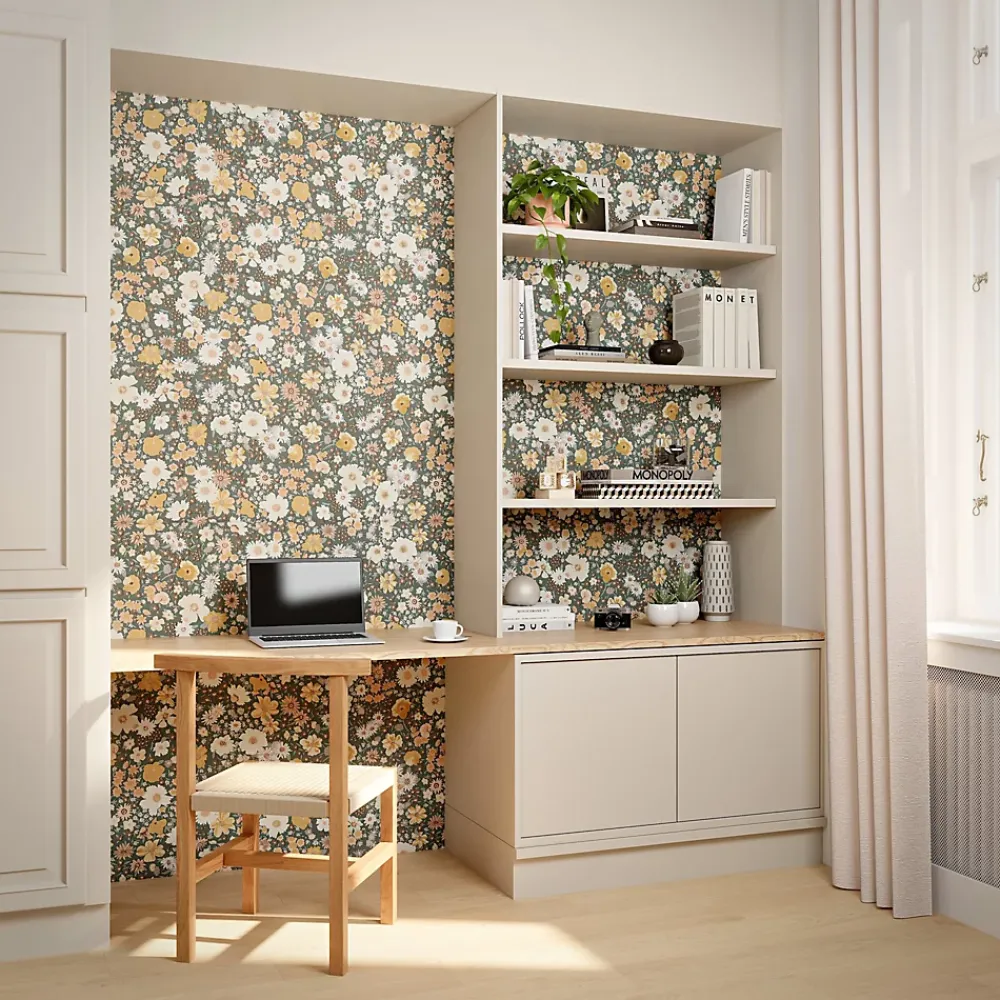 GoodHome Papier Peint<Papier peint vinyle intissé fleuri liberty vert L.53 x l.1005 cm Amity