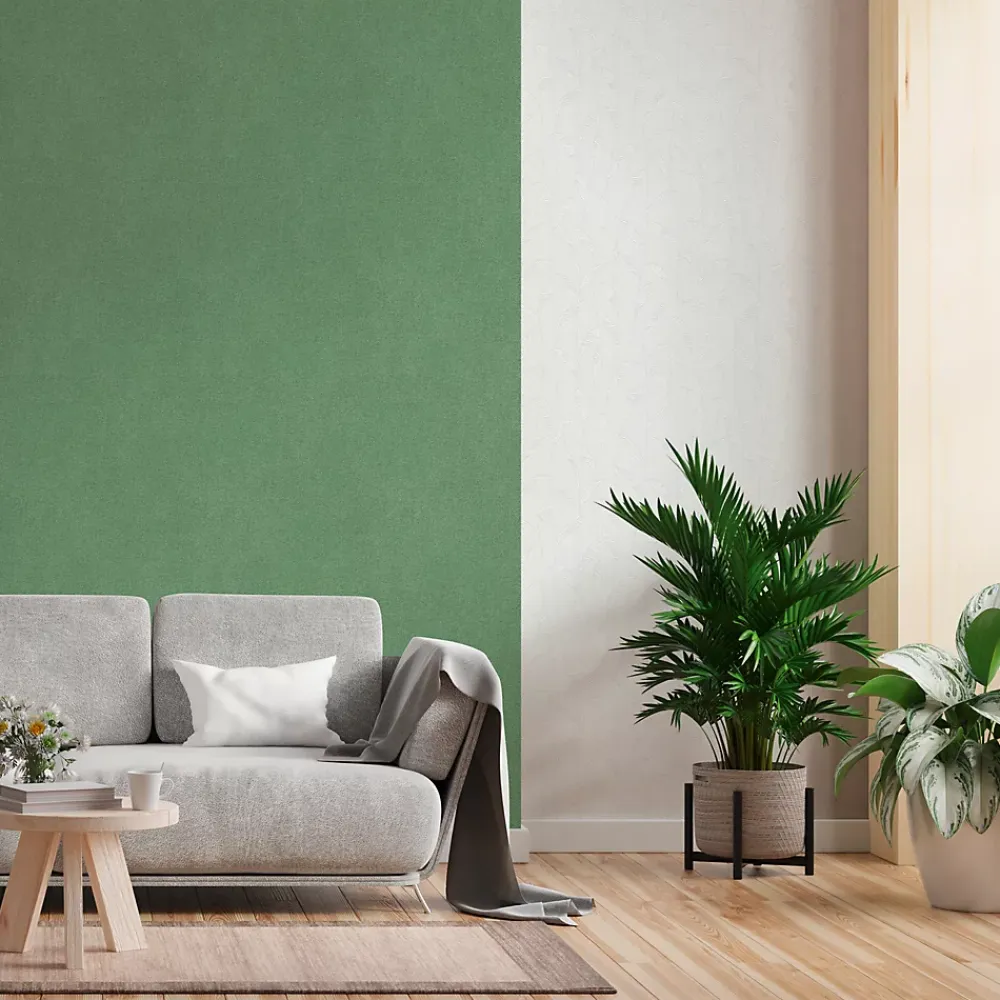 GoodHome Papier peint vinyle intissé uni aspect tissu vert L.1005 x l.53cm , Mythe- Papier Peint