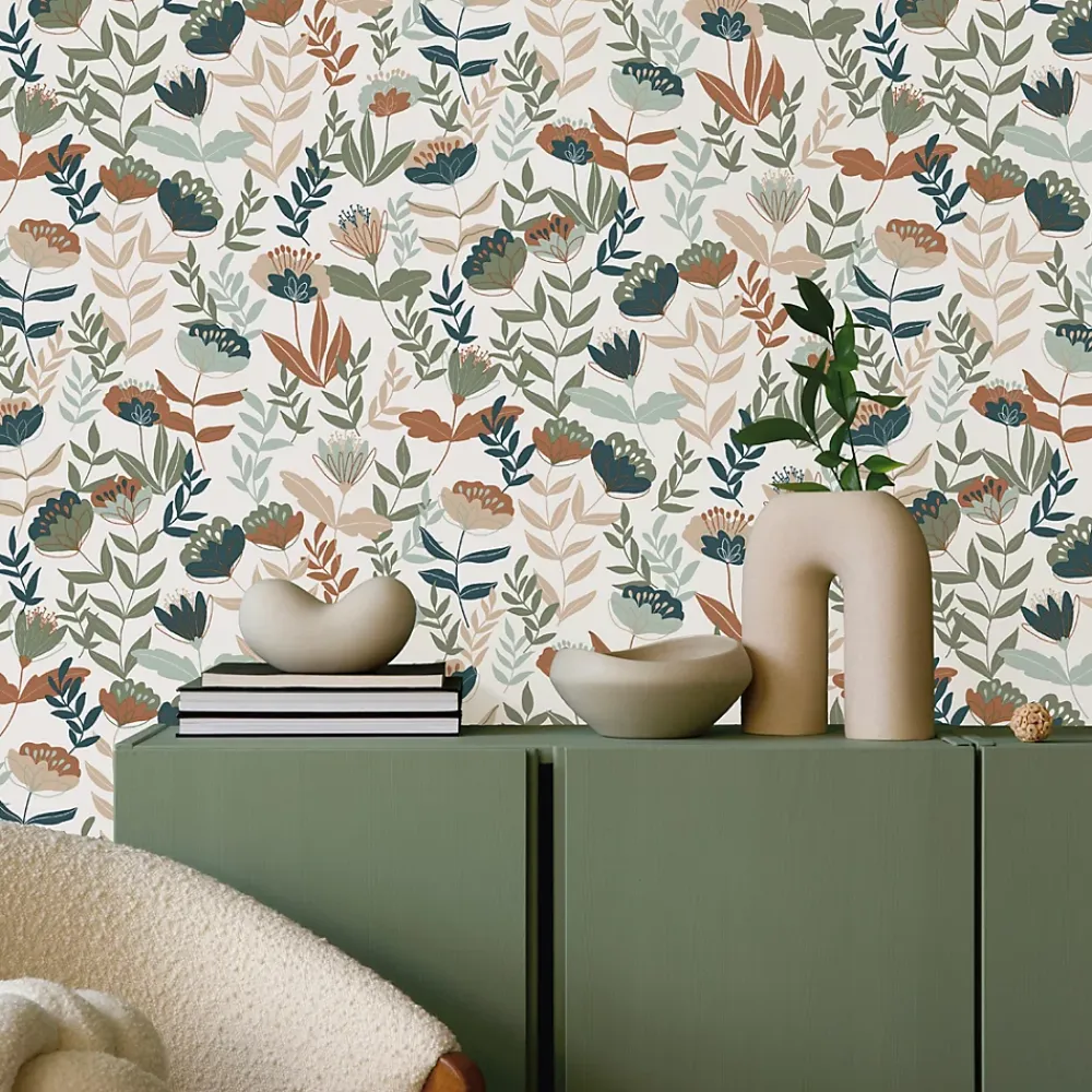 Lutece Papier peint vinyle intissé fleuri Naive flowers, bleu terracotta L.1005 x l.53cm Lutèce- Papier Peint