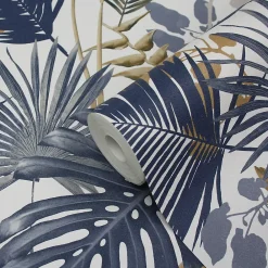 GoodHome Papier Peint<Papier peint vinyle sur intissé Ferula bleu