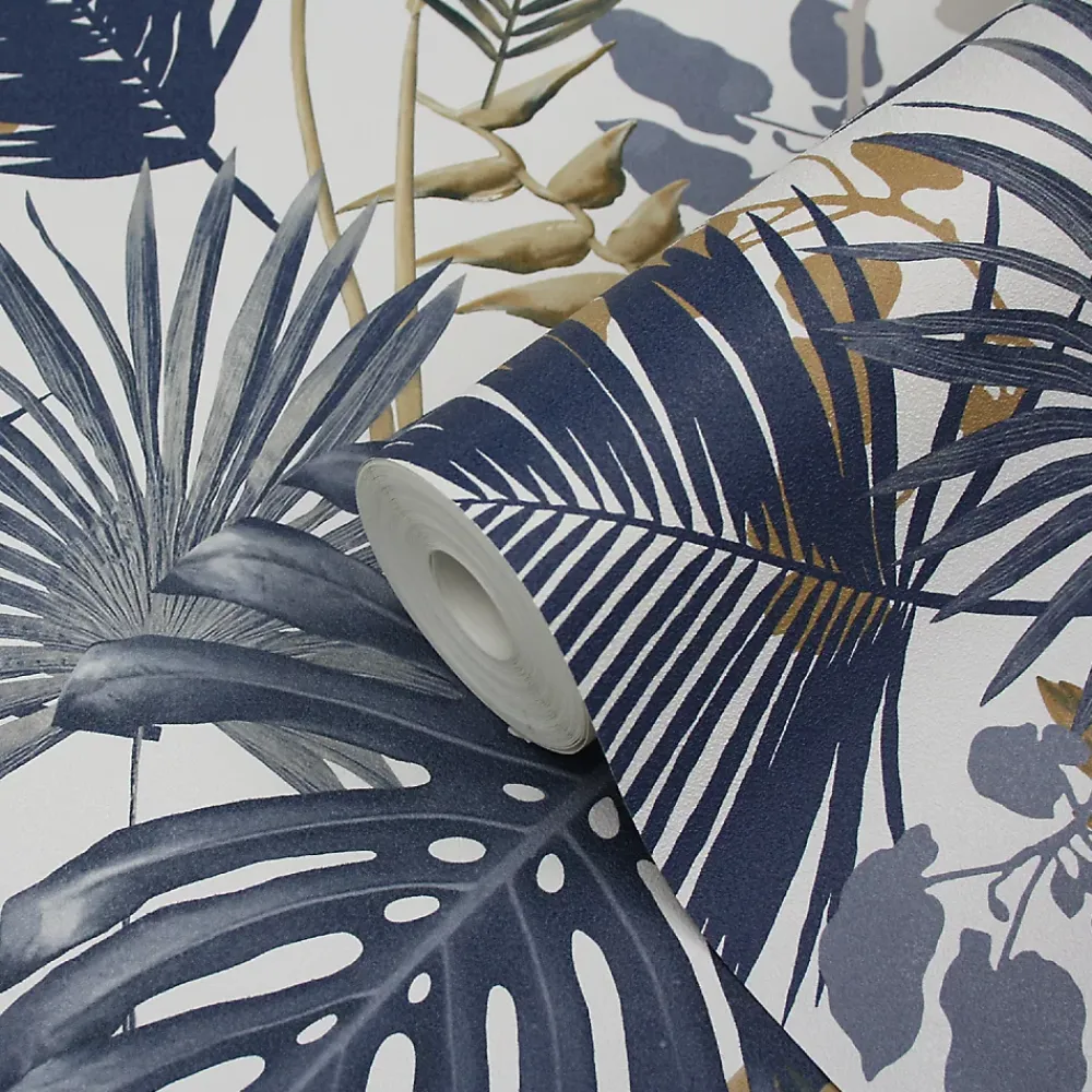 GoodHome Papier Peint<Papier peint vinyle sur intissé Ferula bleu