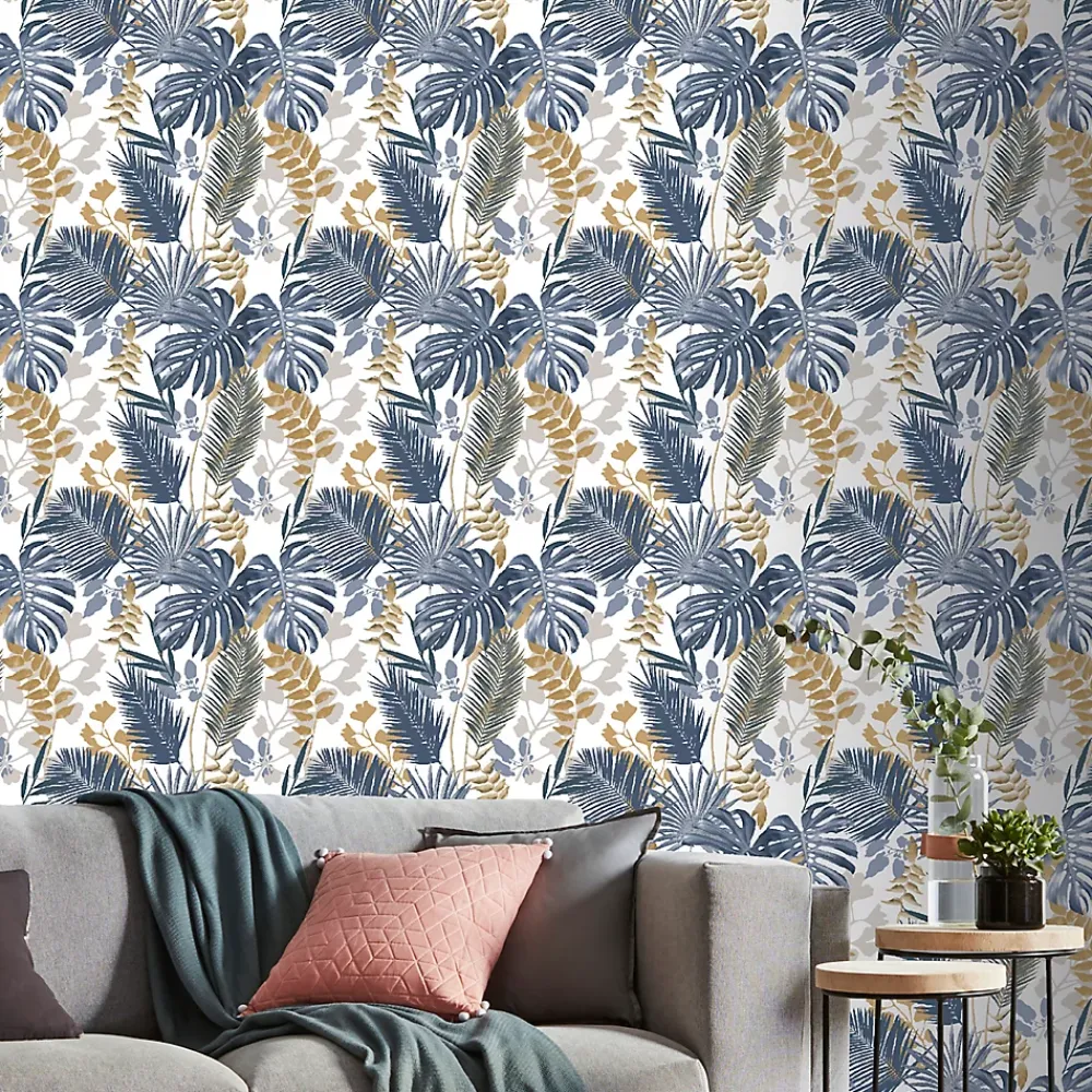GoodHome Papier Peint<Papier peint vinyle sur intissé Ferula bleu