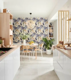 GoodHome Papier Peint<Papier peint vinyle sur intissé Ferula bleu