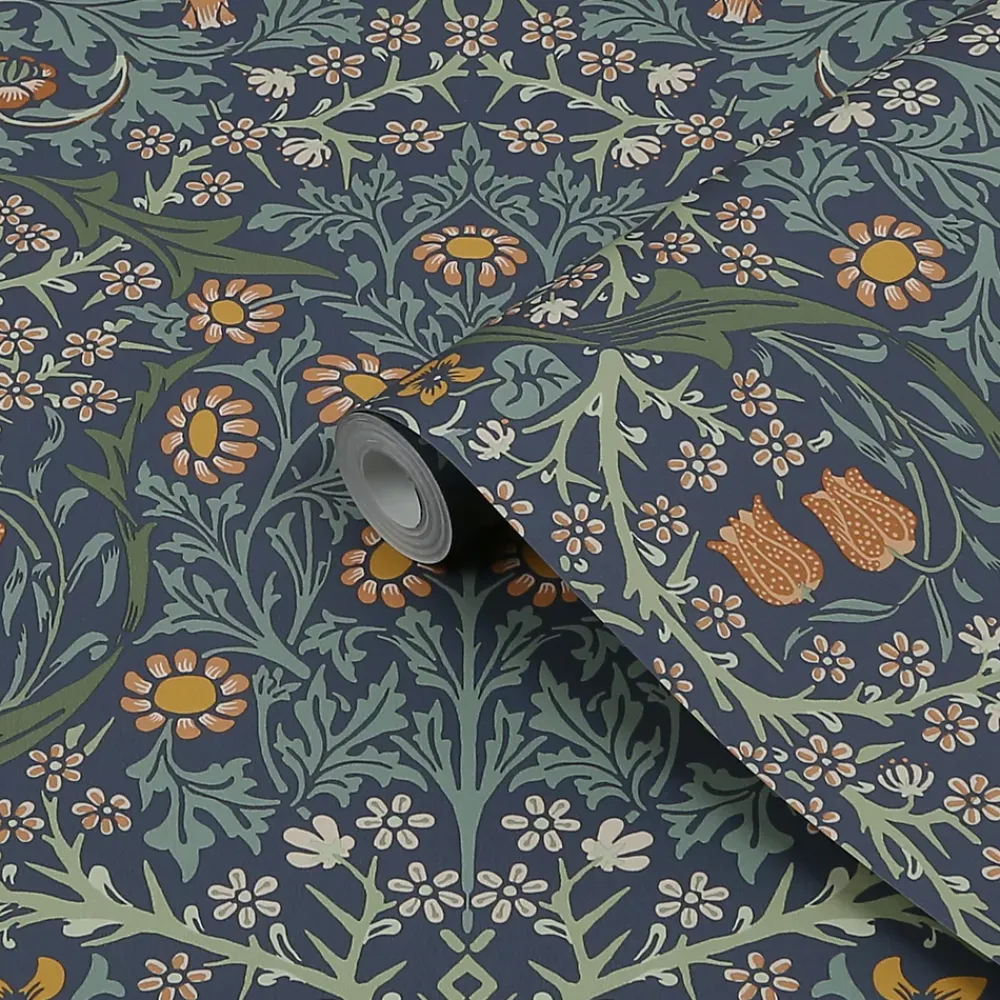 William Morris Papier vinyle intissé fleuri, fleurs de prunellier bleu L.1000 x l.52 cm Blackstorn- Papier Peint