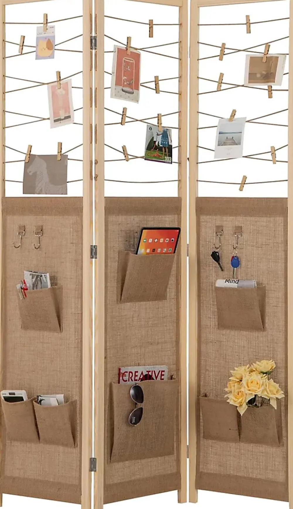 Giantex Cloison Amovible<Paravent Interieur 3 Panneaux en Faux Lin avec 8 Poches, Cloison de Séparation Pliable, Bureau, 120x170CM,Naturel Clips