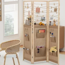 Giantex Cloison Amovible<Paravent Interieur 3 Panneaux en Faux Lin avec 8 Poches, Cloison de Séparation Pliable, Bureau, 120x170CM,Naturel Clips