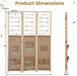 Giantex Cloison Amovible<Paravent Interieur 3 Panneaux en Faux Lin avec 8 Poches, Cloison de Séparation Pliable, Bureau, 120x170CM,Naturel Clips