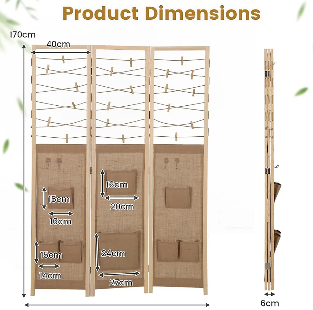 Giantex Cloison Amovible<Paravent Interieur 3 Panneaux en Faux Lin avec 8 Poches, Cloison de Séparation Pliable, Bureau, 120x170CM,Naturel Clips