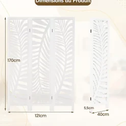 Giantex Cloison Amovible<Paravent Interieur 121 x 170 cm, Motifs Feuille, Separateur de Pieces pour Chambre à Coucher, Balcon, Blanc