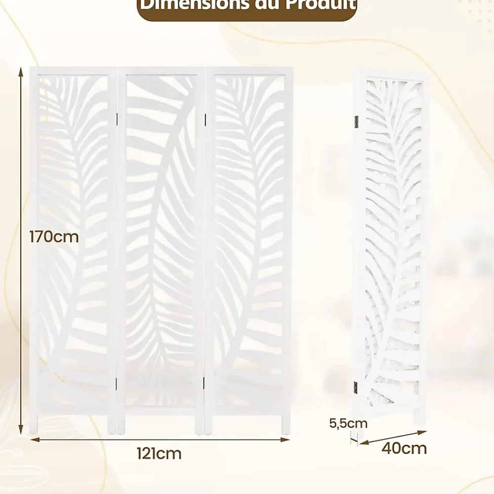 Giantex Cloison Amovible<Paravent Interieur 121 x 170 cm, Motifs Feuille, Separateur de Pieces pour Chambre à Coucher, Balcon, Blanc