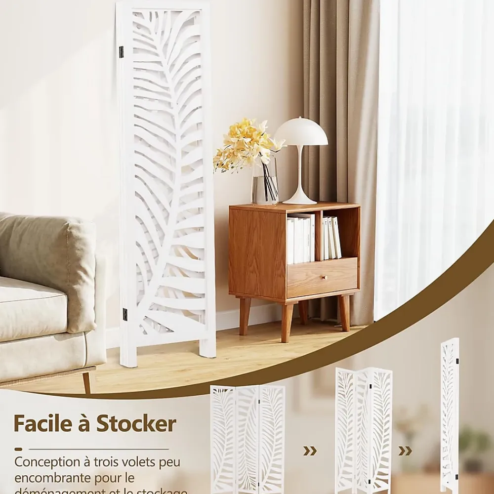 Giantex Cloison Amovible<Paravent Interieur 121 x 170 cm, Motifs Feuille, Separateur de Pieces pour Chambre à Coucher, Balcon, Blanc