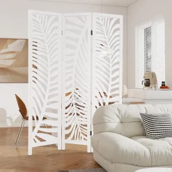 Giantex Cloison Amovible<Paravent Interieur 121 x 170 cm, Motifs Feuille, Separateur de Pieces pour Chambre à Coucher, Balcon, Blanc