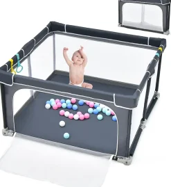 Giantex Parc Bébé 10 Mois à 6 Ans Parc Bebe en maille avec Balles et 4 Anneaux Centre activités de Parc Enfant Gris Foncé- Barrière De Sécurité
