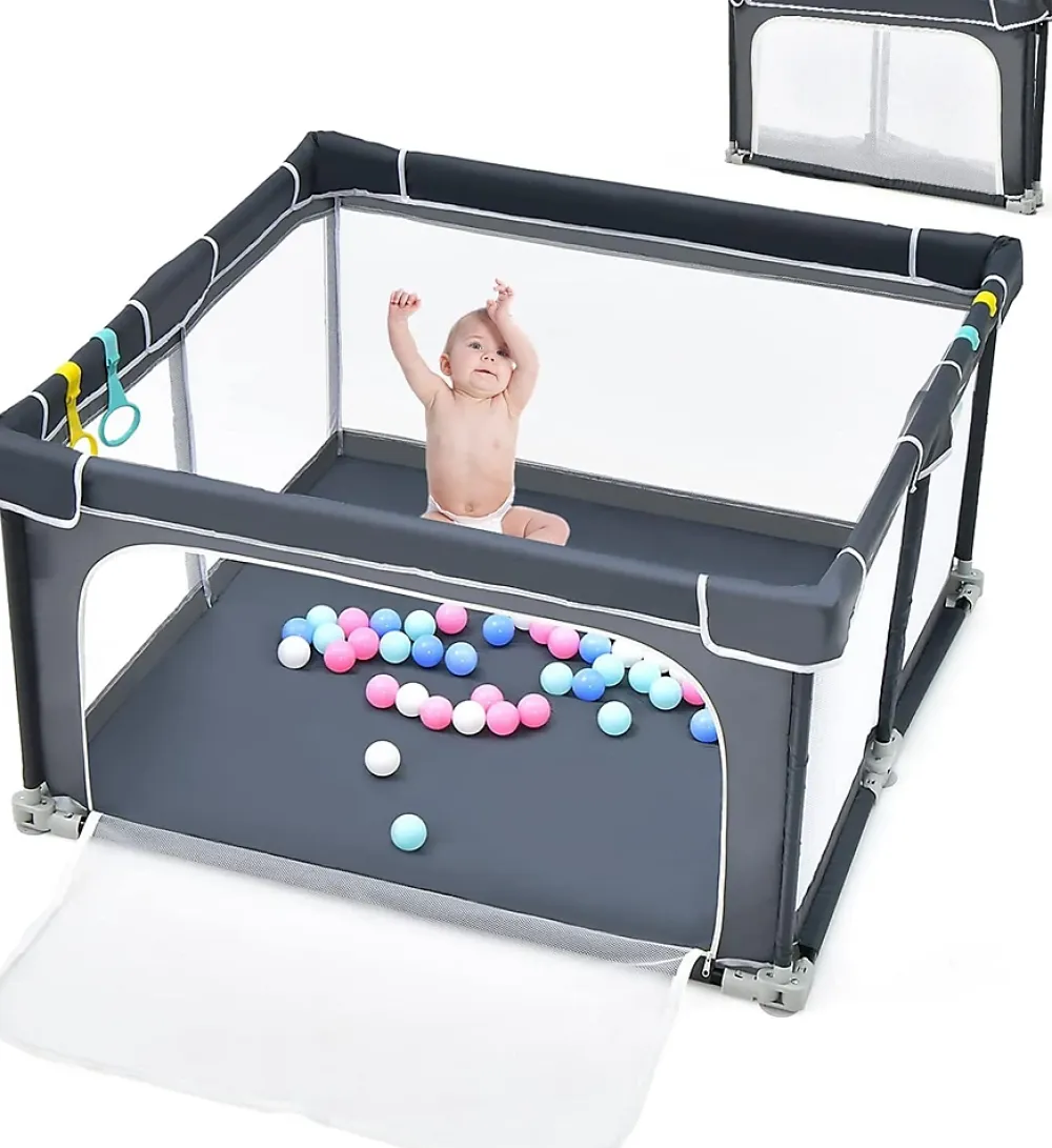 Giantex Parc Bébé 10 Mois à 6 Ans Parc Bebe en maille avec Balles et 4 Anneaux Centre activités de Parc Enfant Gris Foncé- Barrière De Sécurité