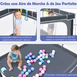 Giantex Parc Bébé 10 Mois à 6 Ans Parc Bebe en maille avec Balles et 4 Anneaux Centre activités de Parc Enfant Gris Foncé- Barrière De Sécurité